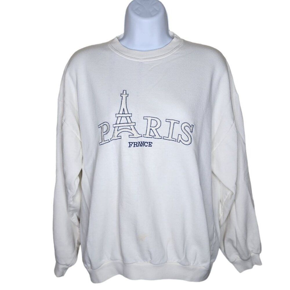 Vintage 80s Paris France Eiffel Tower Crewneck Sweatshirt Womens Size M White